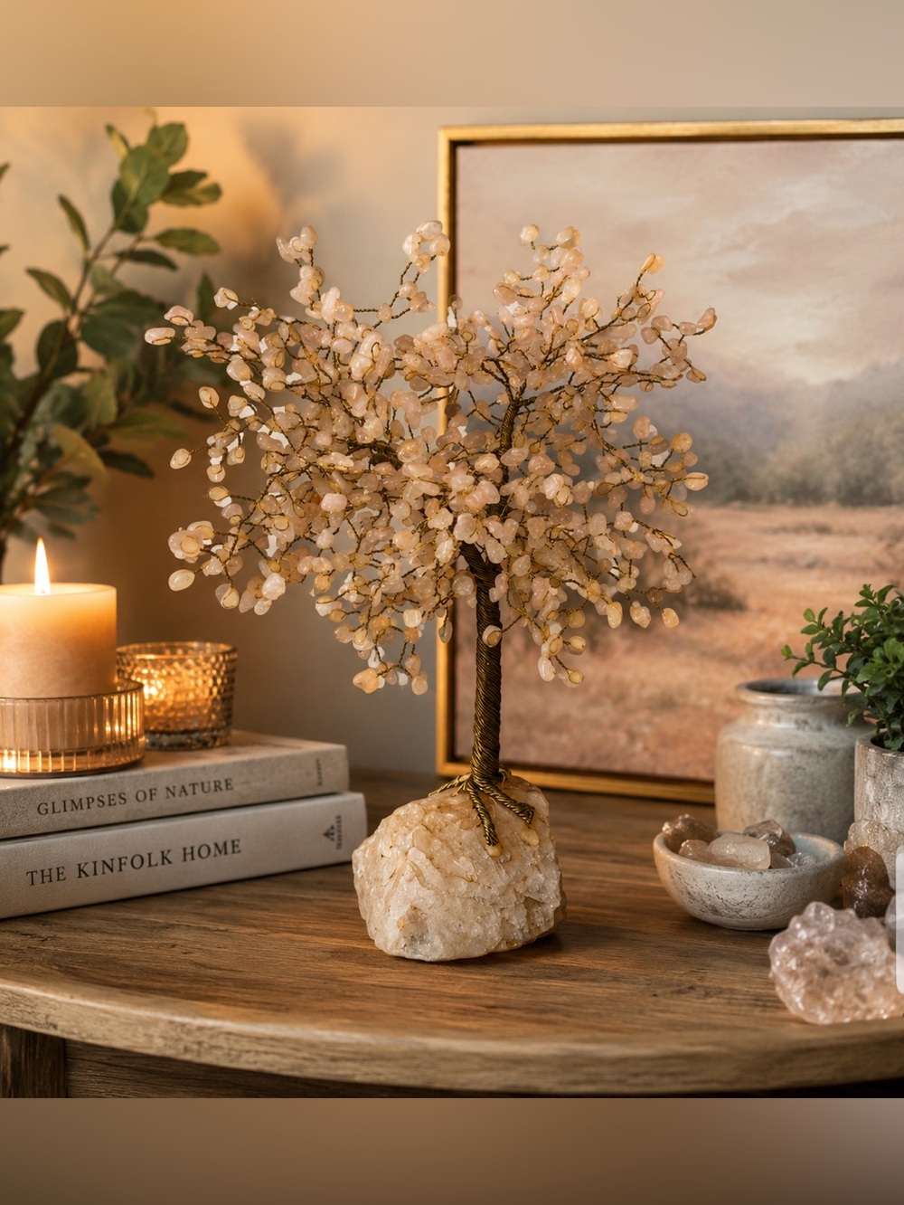 Handcrafted Rose Quartz Gemstone Tree on Natural Crystal Base
